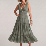 Romywynne | Pleated Sleeveless Tiered V Neck Midi Dress