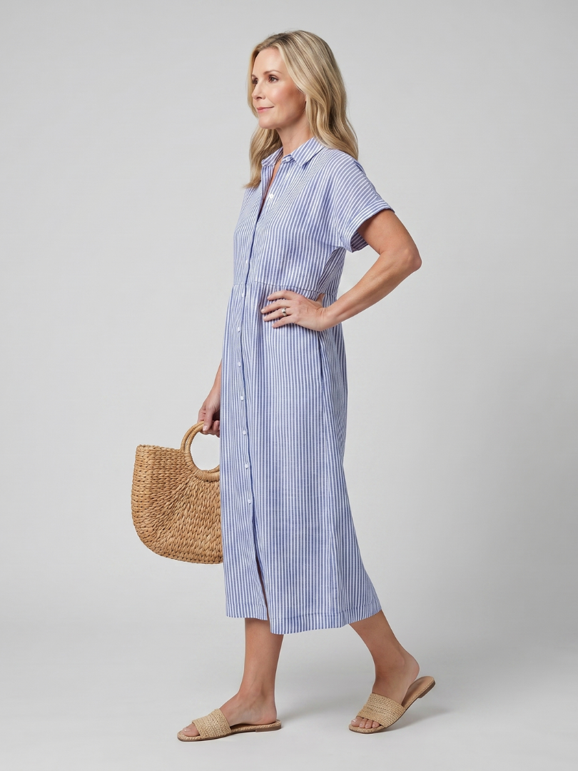 Roslora | Short Sleeve Stripe Pattern Midi Dress