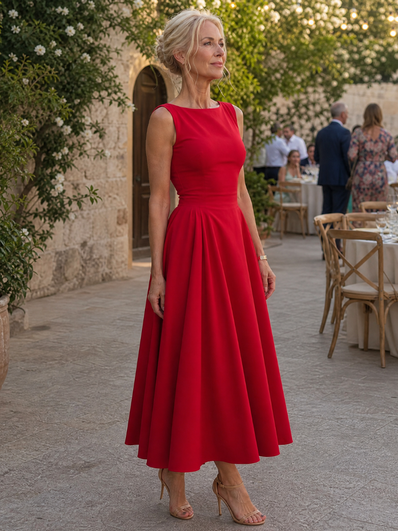 Rosmarie | Sleeveless Crew Neck Fitted Bodice Midi Dress