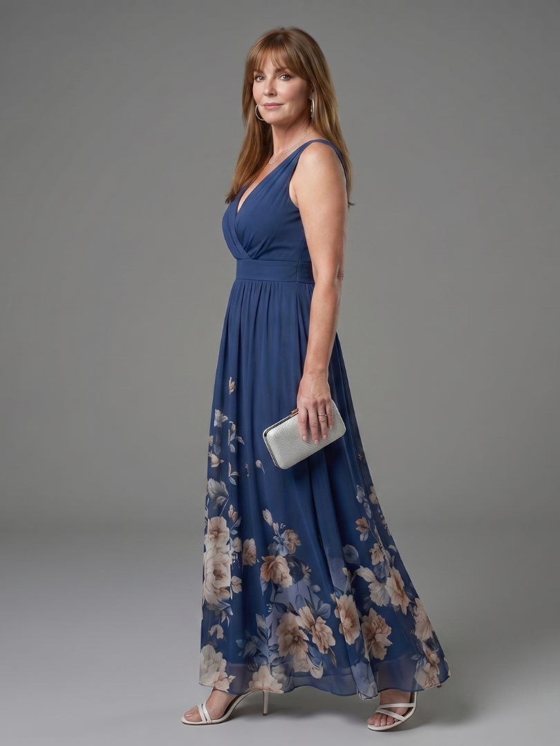 Laemarie | Sleeveless V Neck Soft Floral Hem Midi Dress