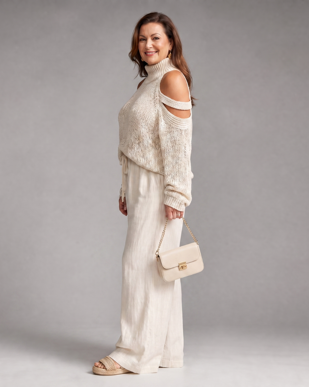 Perthea | Cold Shoulder Knit Sweater Wide Leg Pants Set