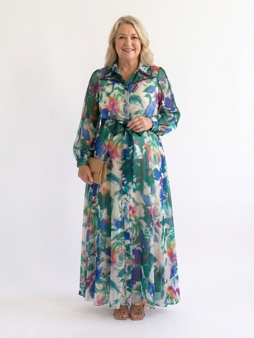 Camndra | Long Sleeve Printed Belted Maxi Dress