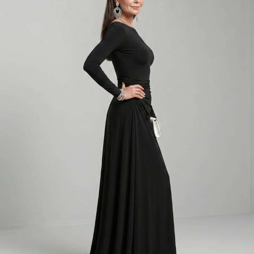 Penine | Long Sleeve Boat Neck Flowing Maxi Dress