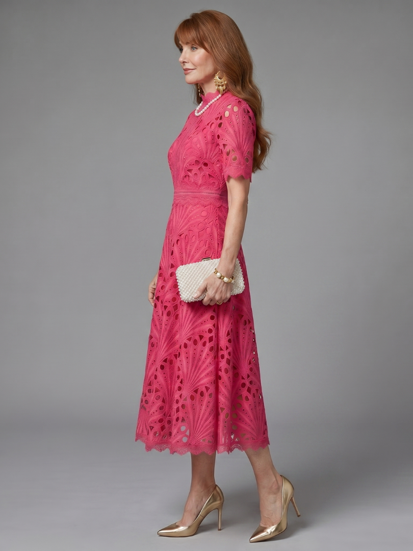 Dalvia | Short Sleeve Eyelet Lace Fitted Waist Midi Dress