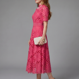 Dalvia | Short Sleeve Eyelet Lace Fitted Waist Midi Dress