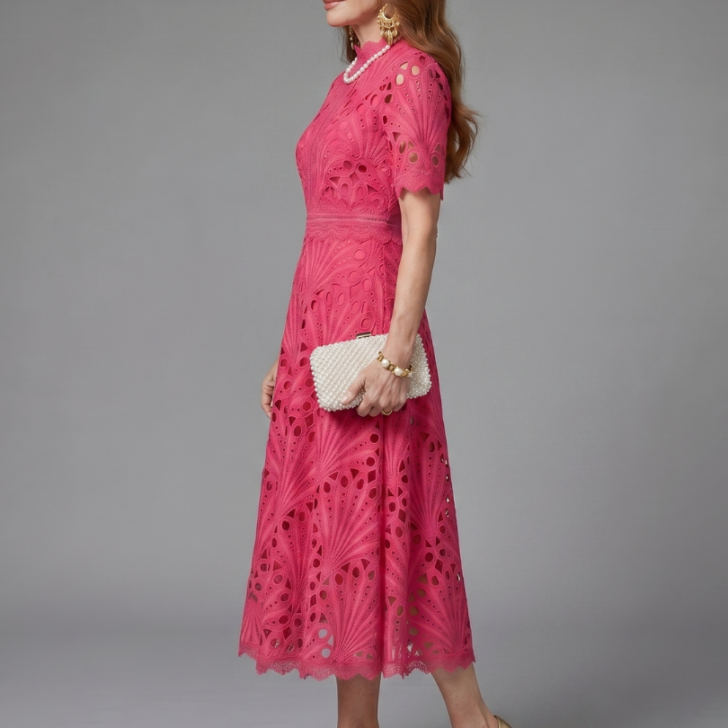 Dalvia | Short Sleeve Eyelet Lace Fitted Waist Midi Dress