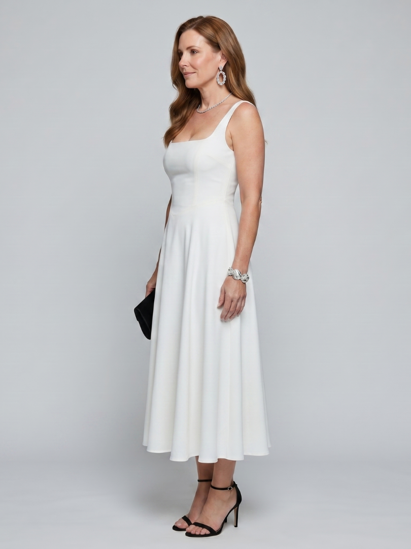Dalbelle | Sleeveless Square Neck Flared Skirt Midi Dress