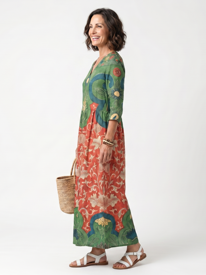 Saffsia | Mixed Print V Neck Pocket Midi Dress