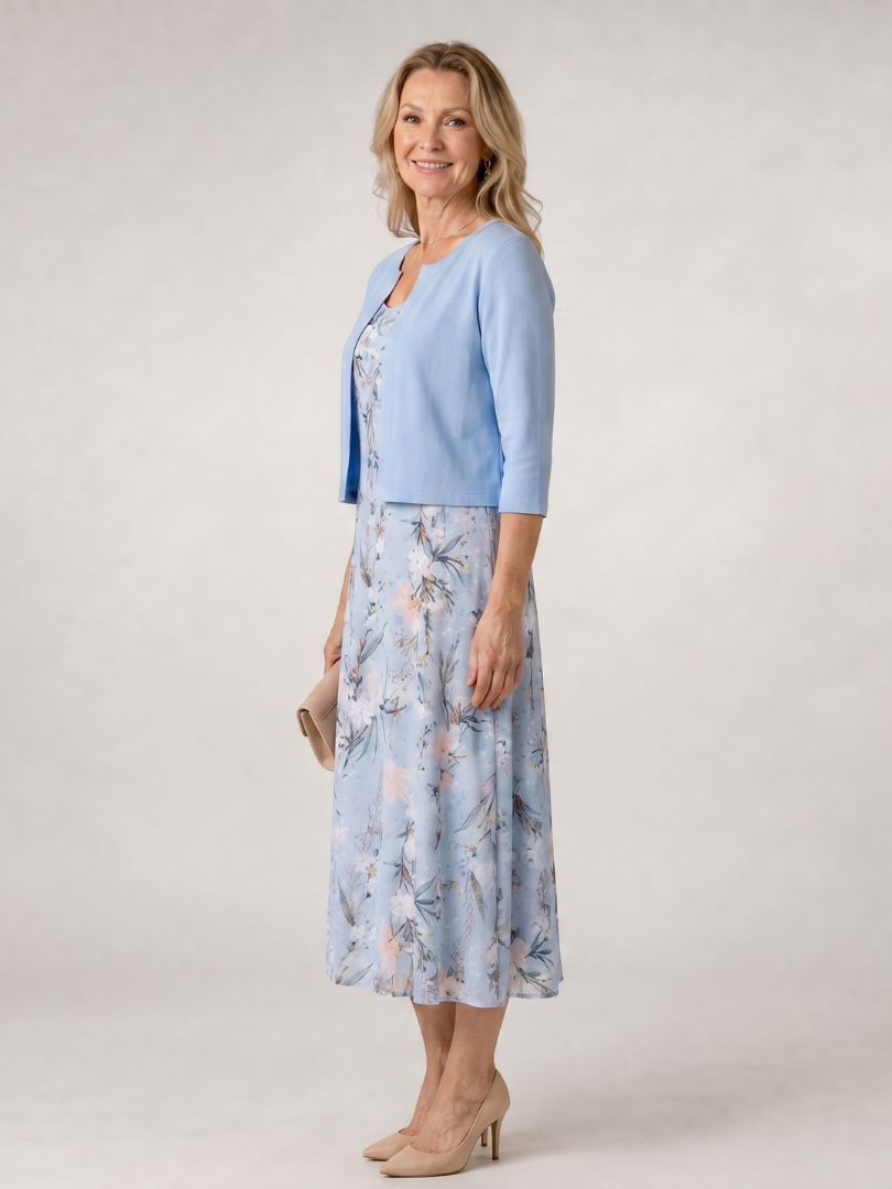Velna | Floral Print Sleeveless Cropped Jacket Midi Dress