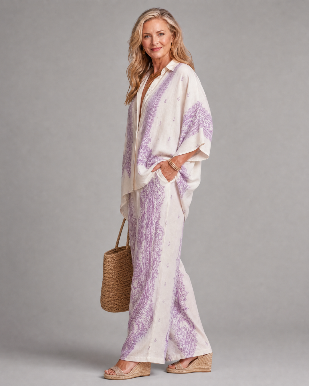 Norrose | Soft Print Oversized Shirt And Wide Leg Pants Set