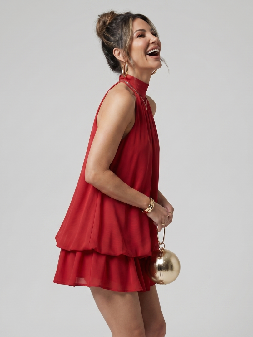 Marensia | High Neck Layered Chiffon Flared Hem Mini Dress