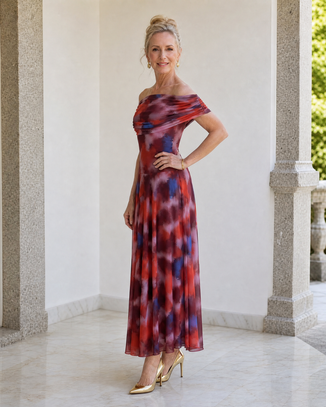 Sennia | Off Shoulder Watercolor Print Flowing Midi Dress