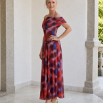 Sennia | Off Shoulder Watercolor Print Flowing Midi Dress