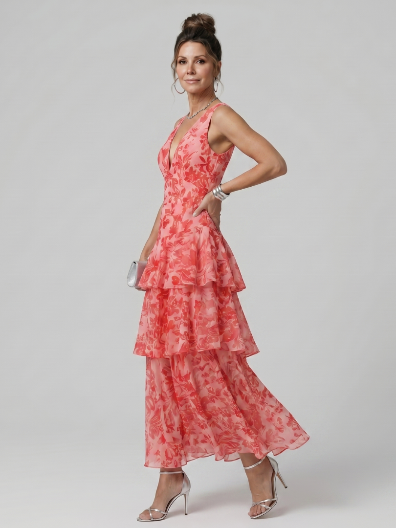 Sabda | Deep V Sleeveless Painterly Pattern Midi Dress