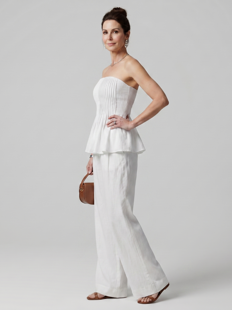 Romyina | Strapless Smocked Top And Wide Leg Pants Set