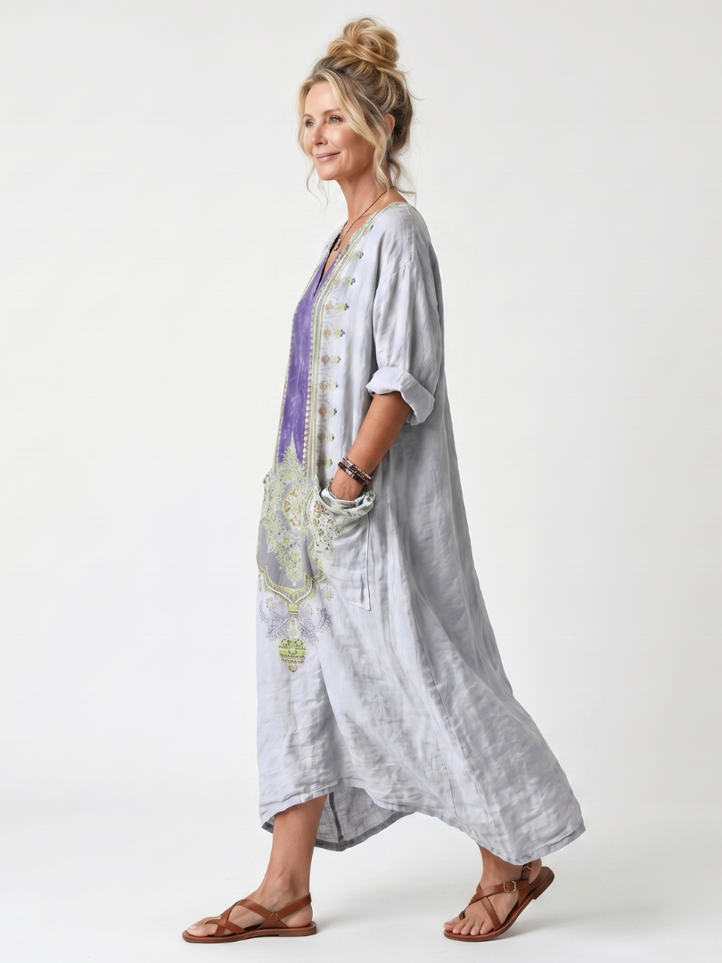 Dorwen | Contrast Panel Embroidered Oversized Pocket Midi Dress