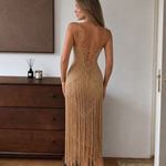 Corra | Halter Neck Crochet Fringe Detail Maxi Dress
