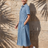 Liabelle | Gathered Waist Collar Front Midi Dress