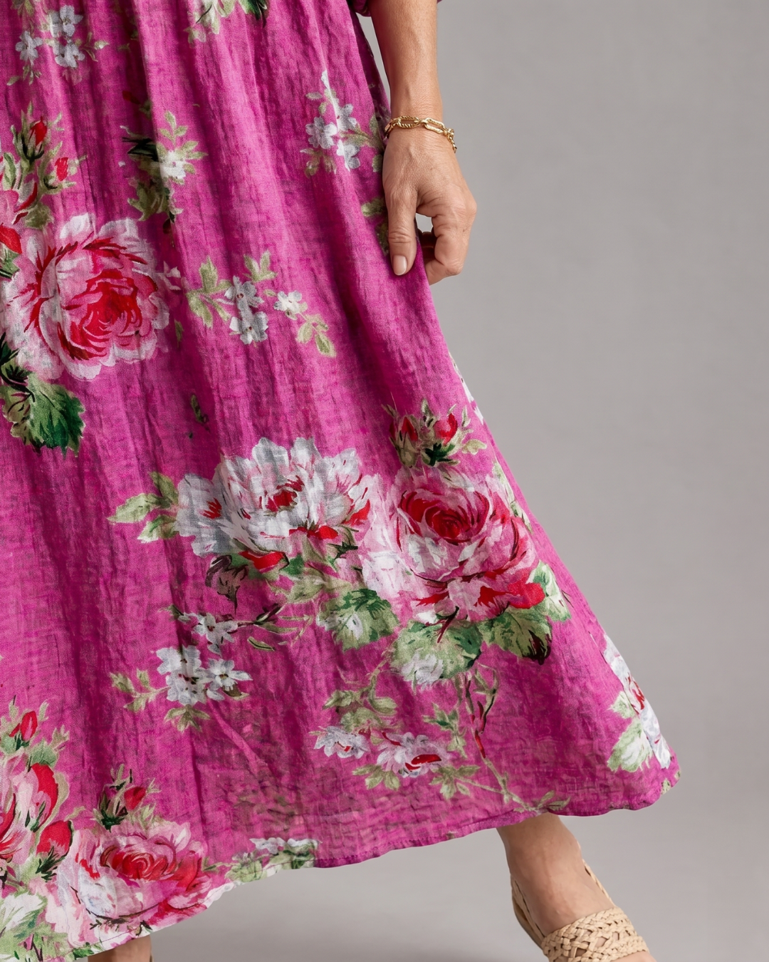 Elorina | Vintage Rose Print Gathered Waist Midi Dress