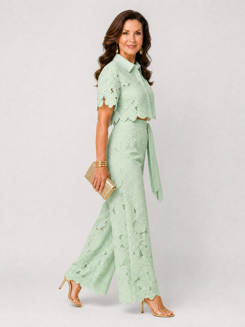 Elobelle | Lace Button Front Two Piece Pant Set
