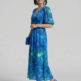 Larette | Puff Sleeve V Neck Abstract Print Midi Dress