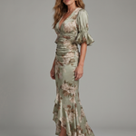 Prussa | Short Sleeve V Neck Ruched Waist Midi Dress
