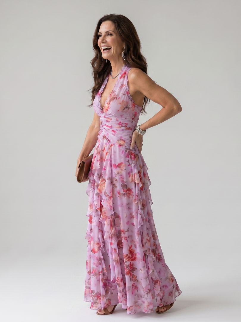 Liabeth | Halter Neck Ruched Bodice Floral Maxi Dress