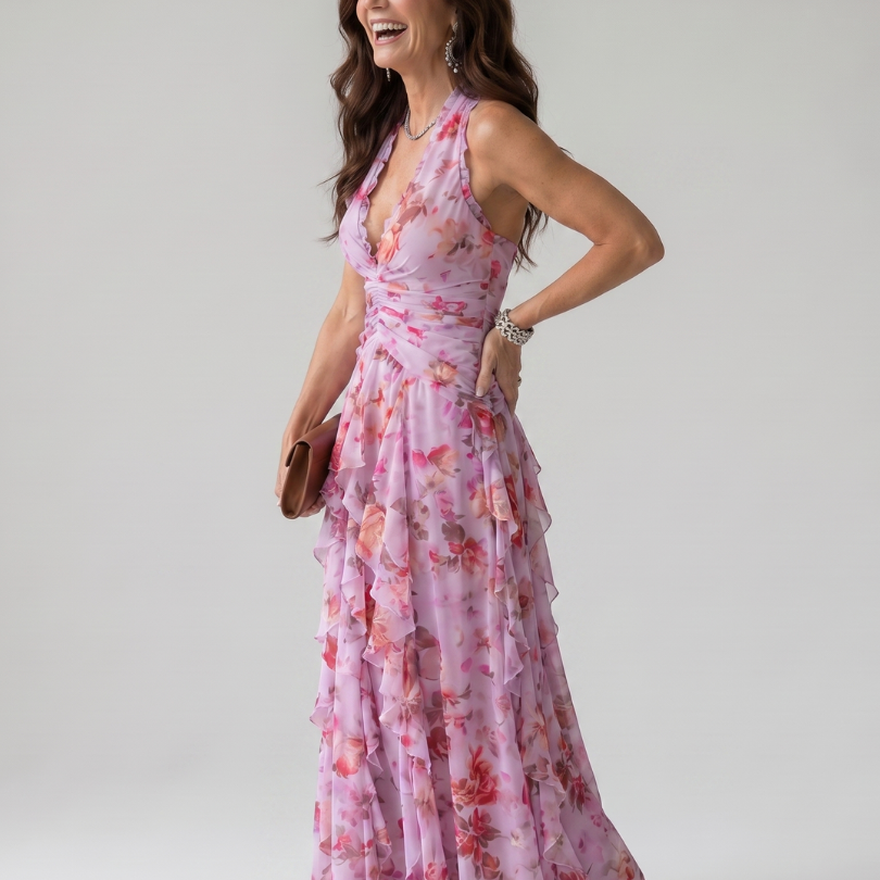 Liabeth | Halter Neck Ruched Bodice Floral Maxi Dress
