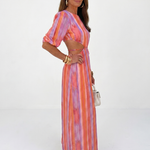 Isathea | Vertical Stripe Cutout Waist Midi Dress