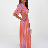 Isathea | Vertical Stripe Cutout Waist Midi Dress