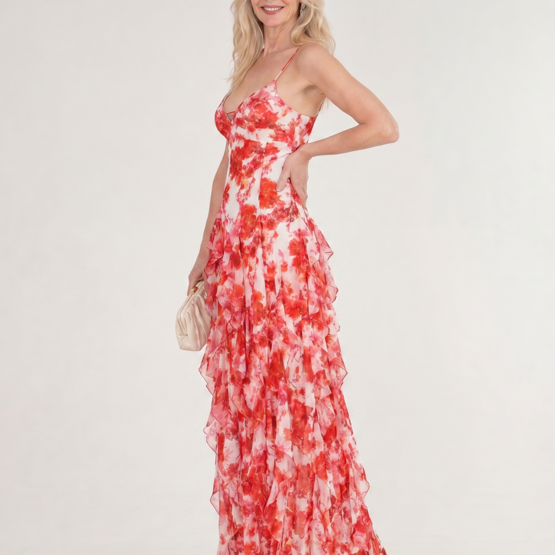 Marenetta | Watercolor Floral Ruffle Hem Sleeveless Midi Dress