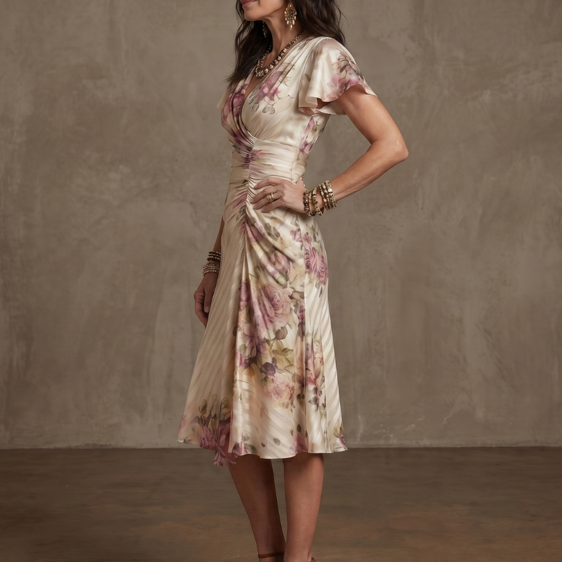 Valthea | Floral Wrap Ruched Midi Dress