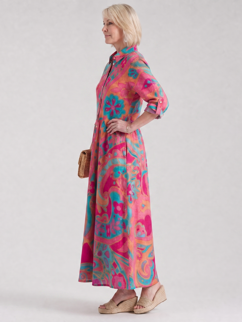 Lilamae | Printed Button Front Collared Midi Dress