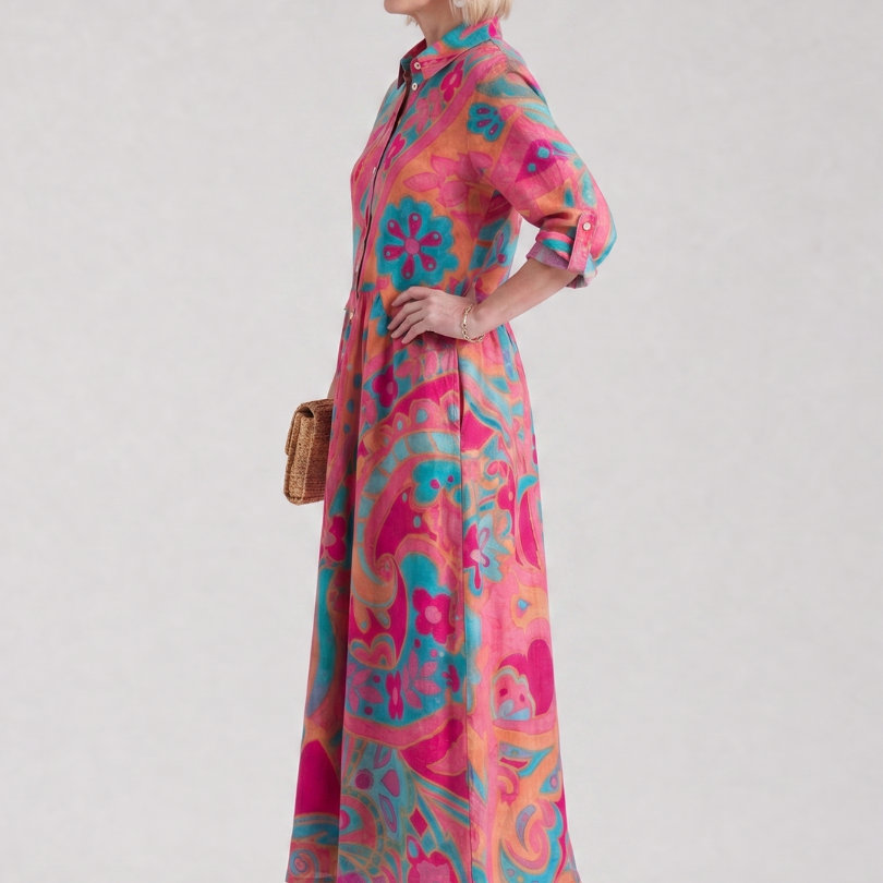 Lilamae | Printed Button Front Collared Midi Dress