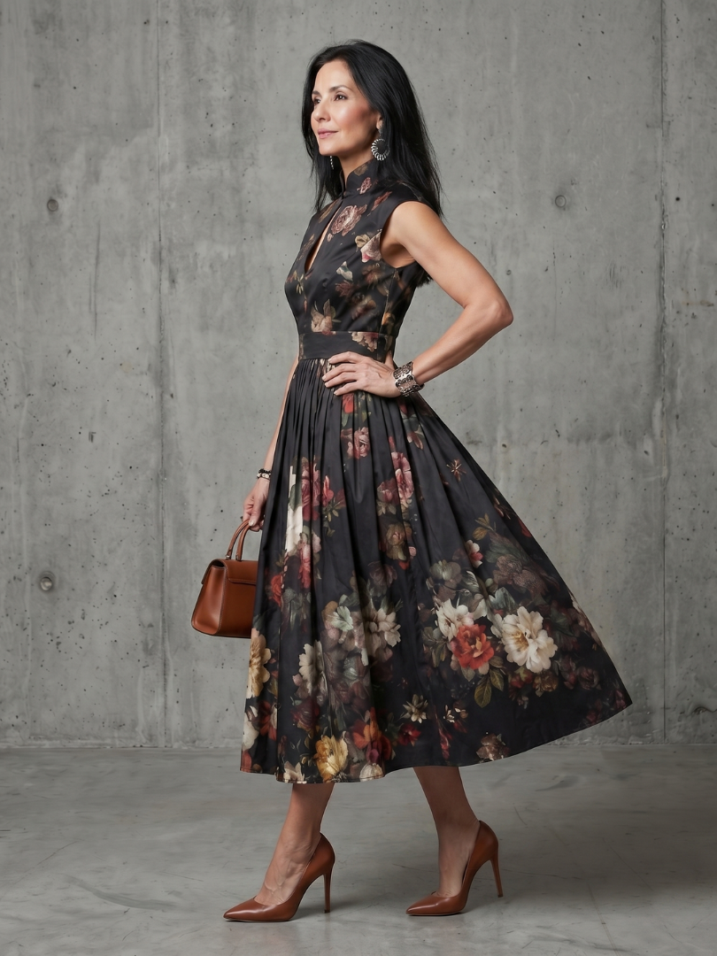 Serania | High Neck Keyhole Floral Pleated Midi Dress