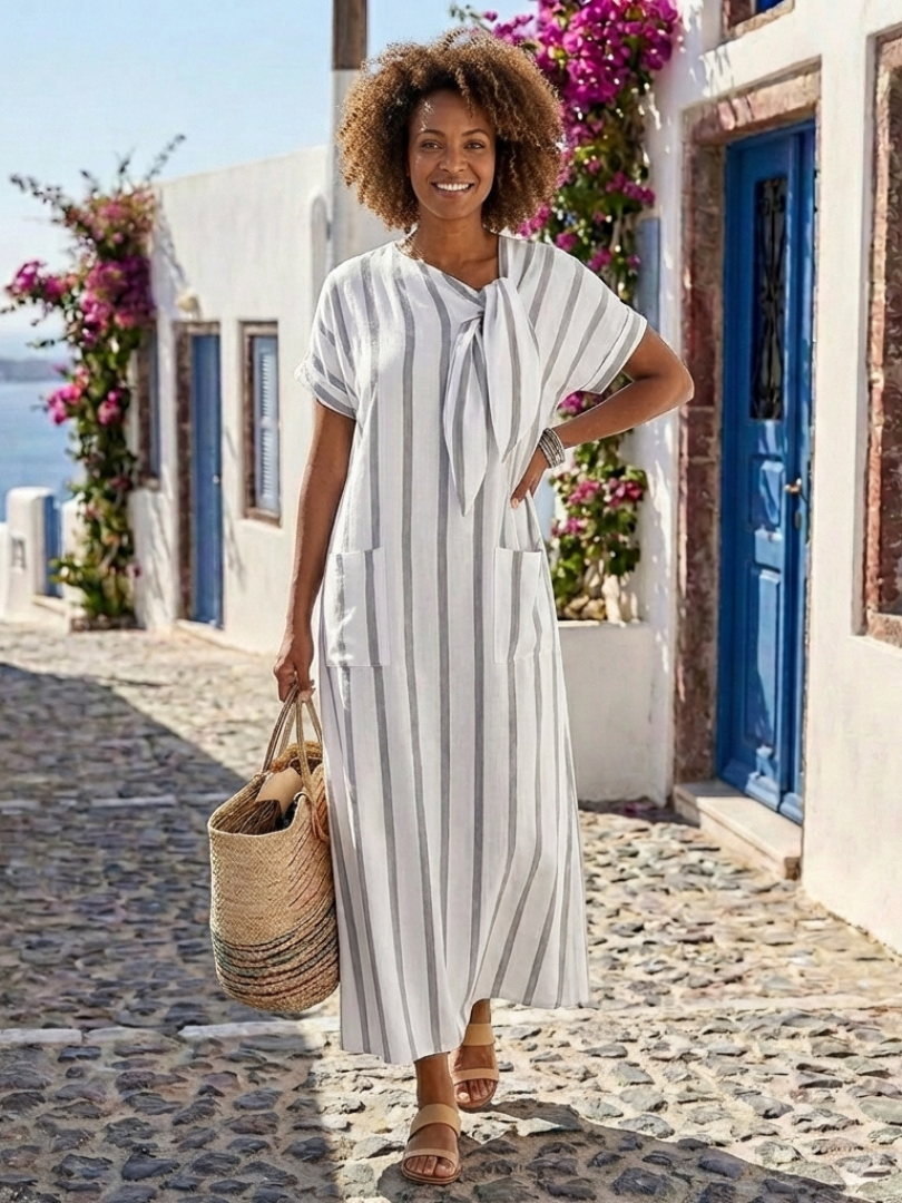 Halthea | Short Sleeve Striped Tie Neck Pocket Midi Dress