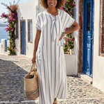 Halthea | Short Sleeve Striped Tie Neck Pocket Midi Dress