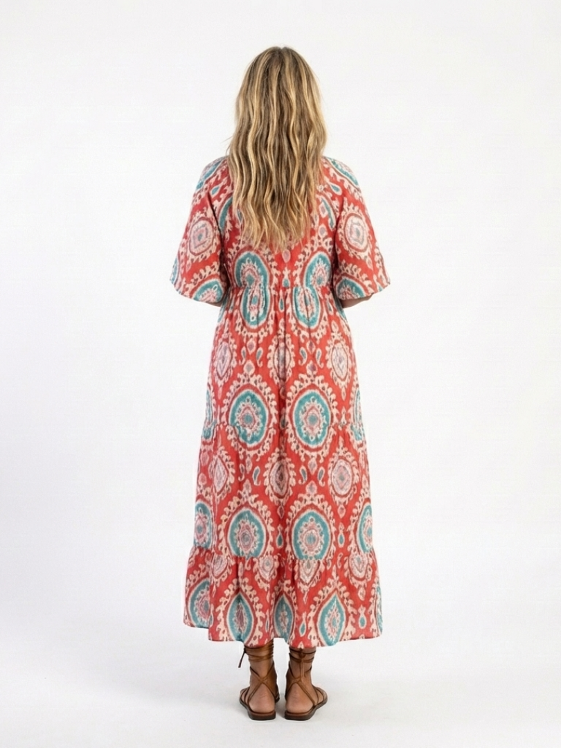 Lilasette | Paisley Print V Neck Short Sleeve Midi Dress