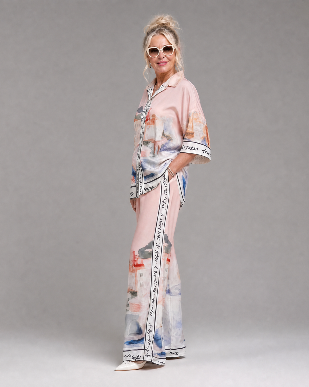 Lilabelle | Scenic Print Button Front Shirt And Wide Leg Pants Set