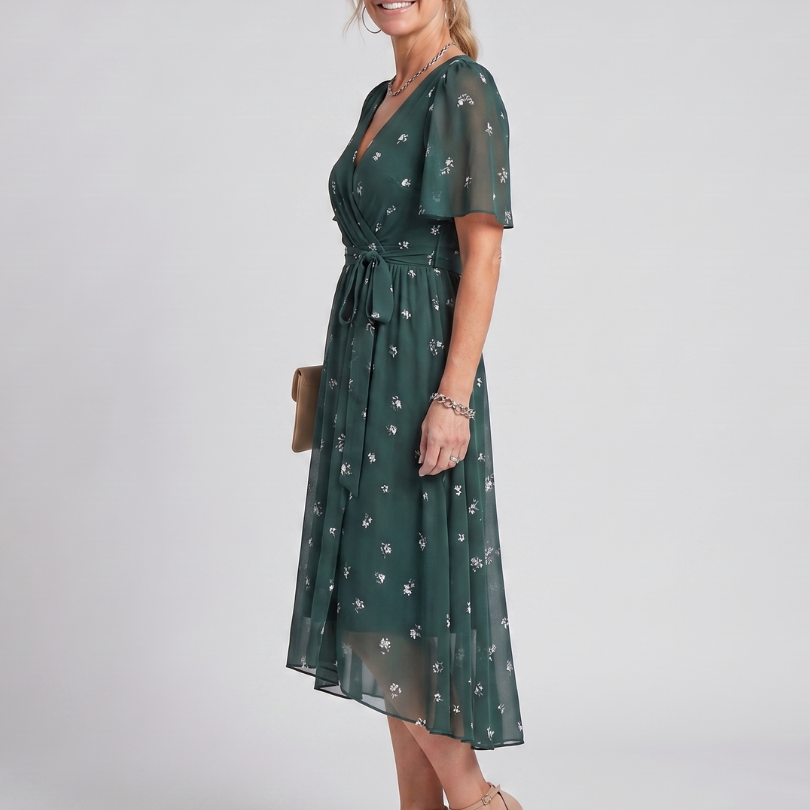 Daldra | Flutter Sleeve Gathered Waist Floral Print Midi Dress
