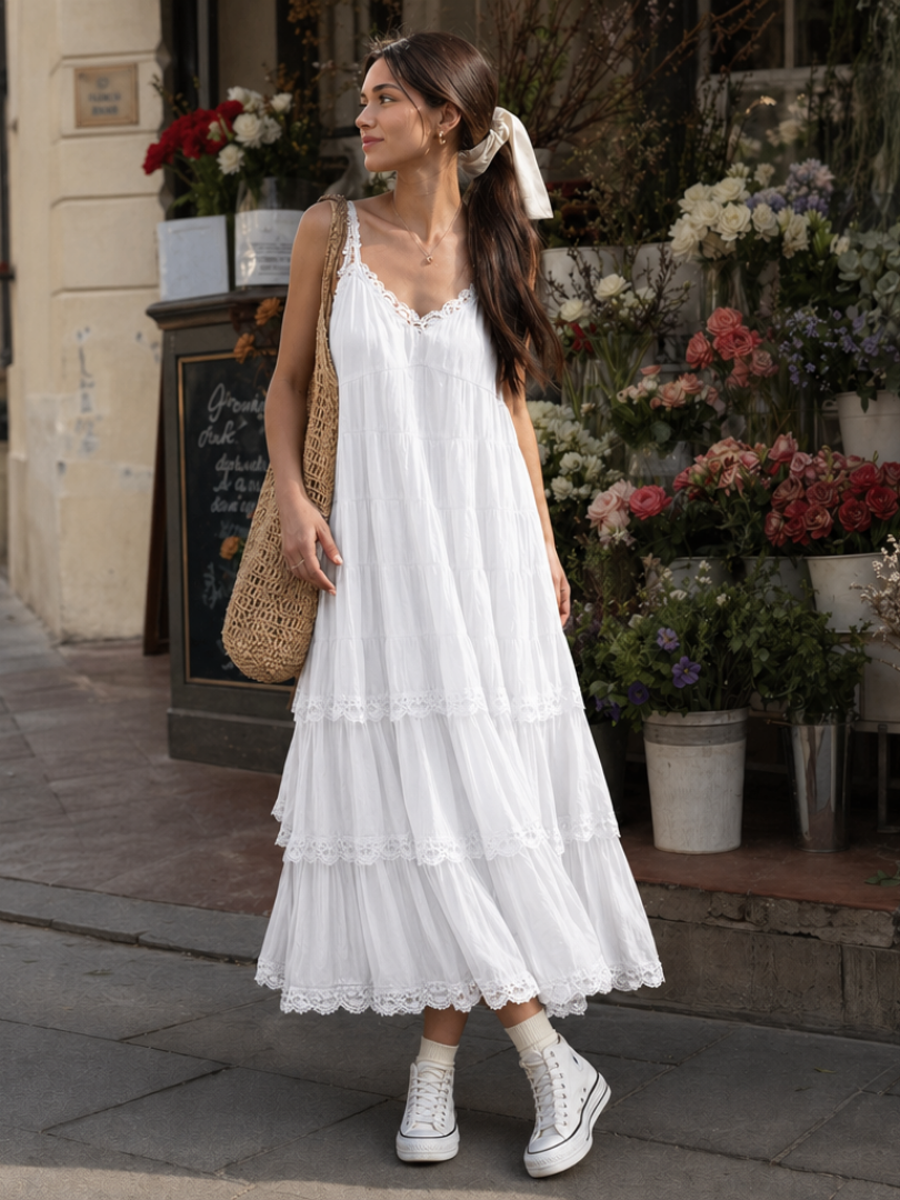 Celda | Spaghetti Strap Tiered Lace Layers Midi Dress