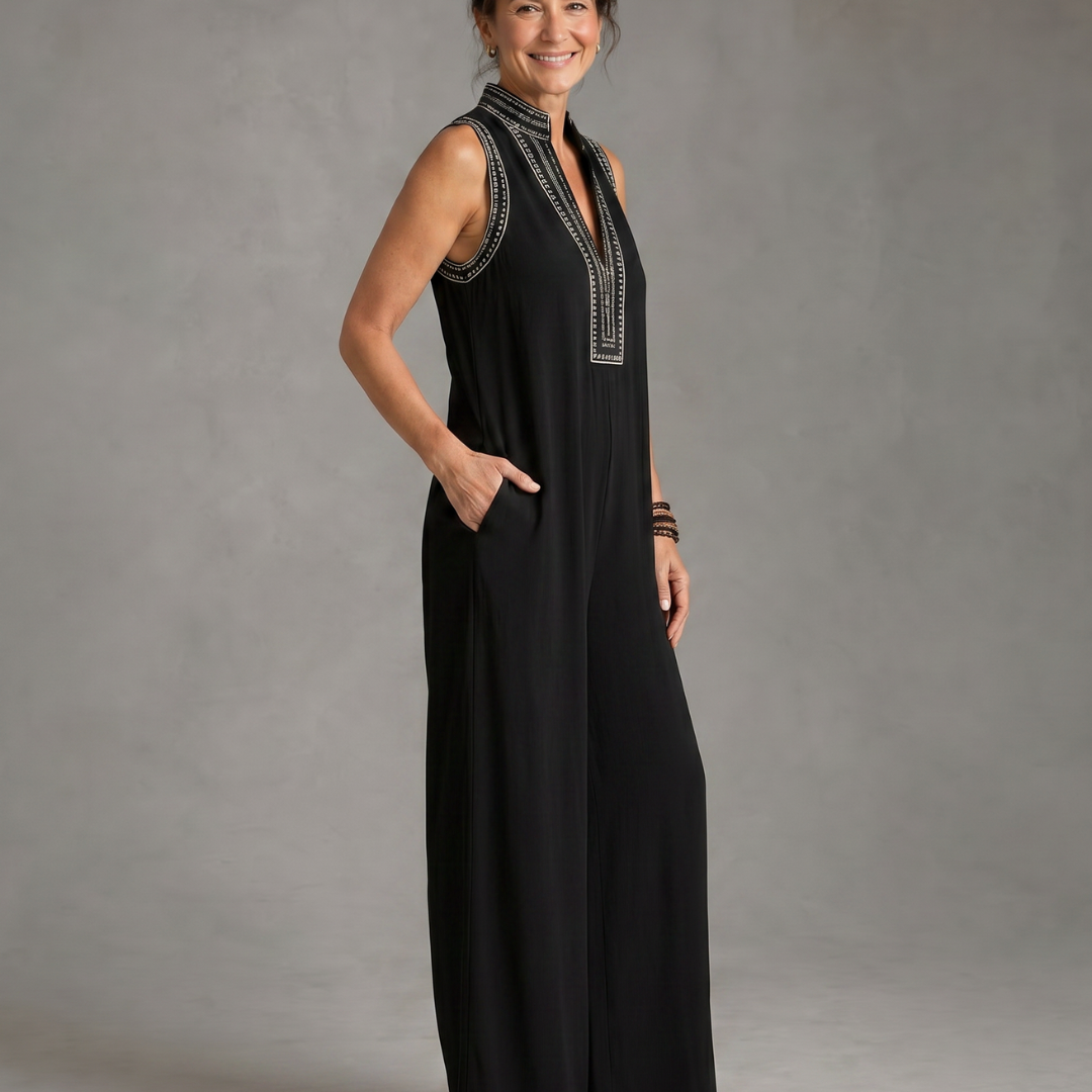 Zarbelle | Embroidered V Neck Sleeveless Wide Leg Jumpsuit