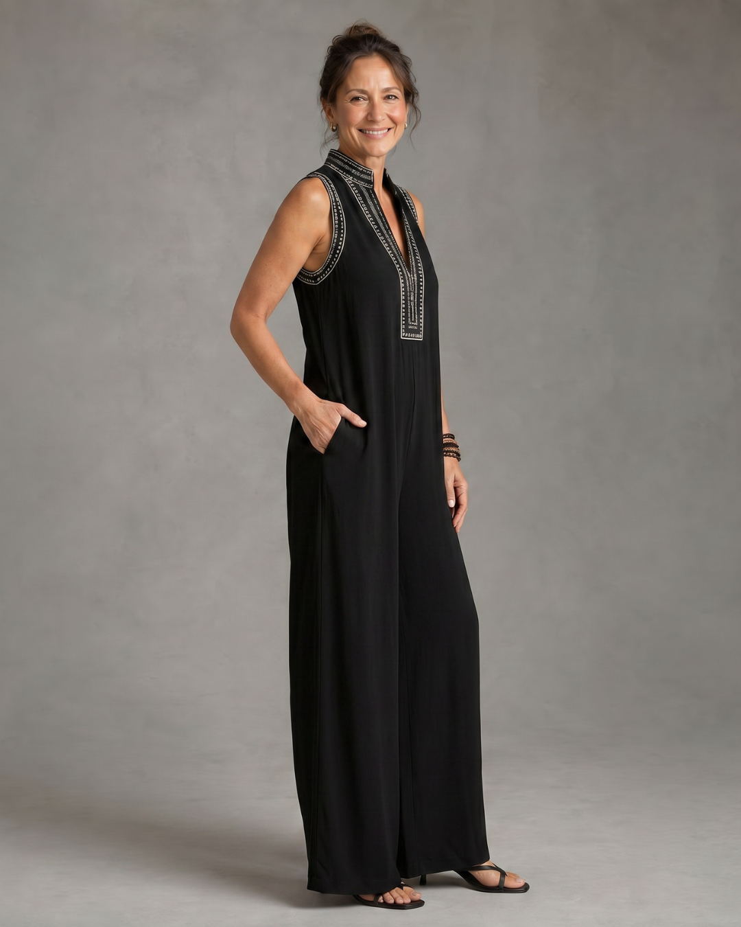 Zarbelle | Embroidered V Neck Sleeveless Wide Leg Jumpsuit