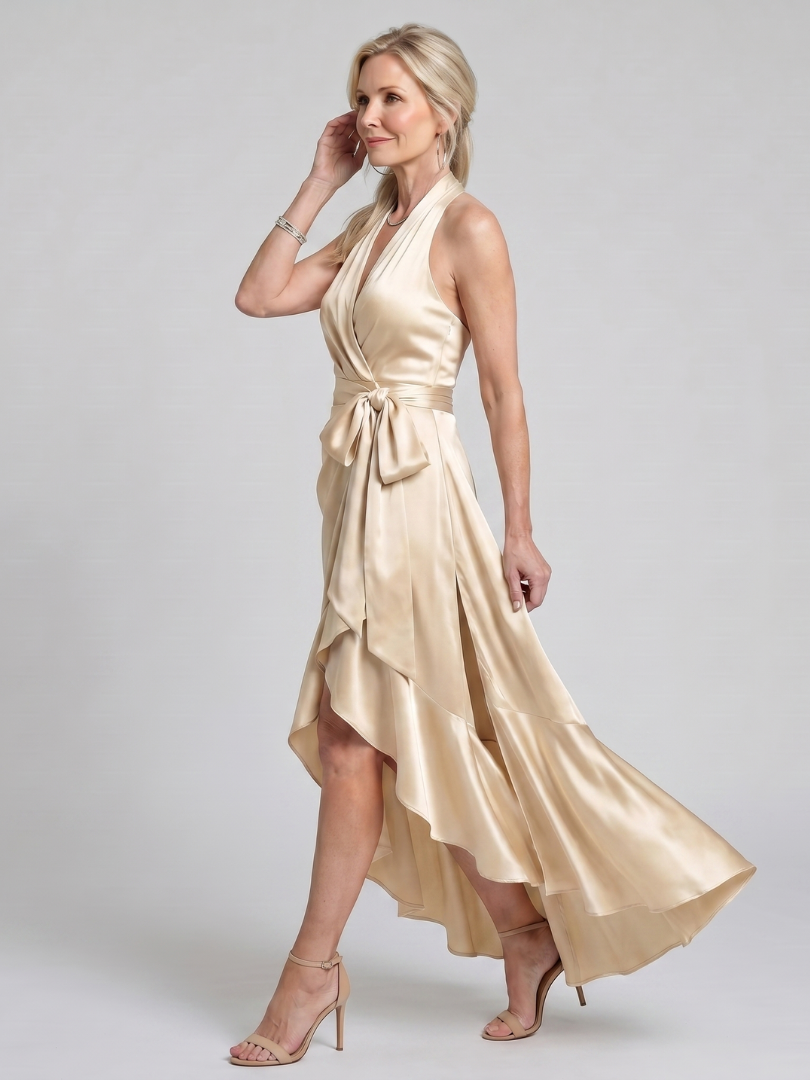 Mirwyn | Halter Neck Wrap Asymmetric Hem Midi Dress