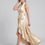 Mirwyn | Halter Neck Wrap Asymmetric Hem Midi Dress
