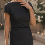 Corette | Short Sleeve Boat Neck Fitted Silhouette Midi Dress