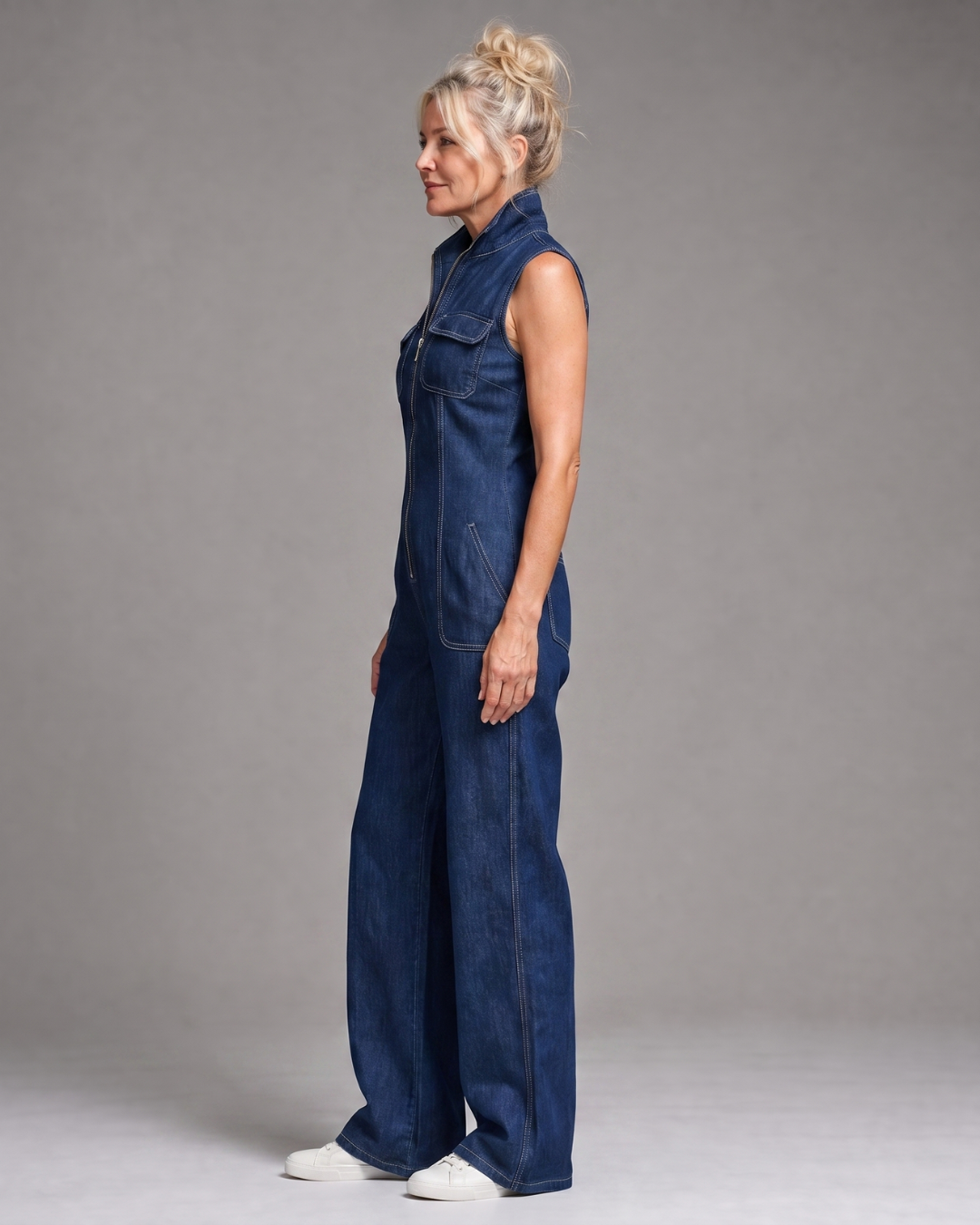 Vesda | Zip Front Sleeveless Denim Wide Leg Jumpsuit