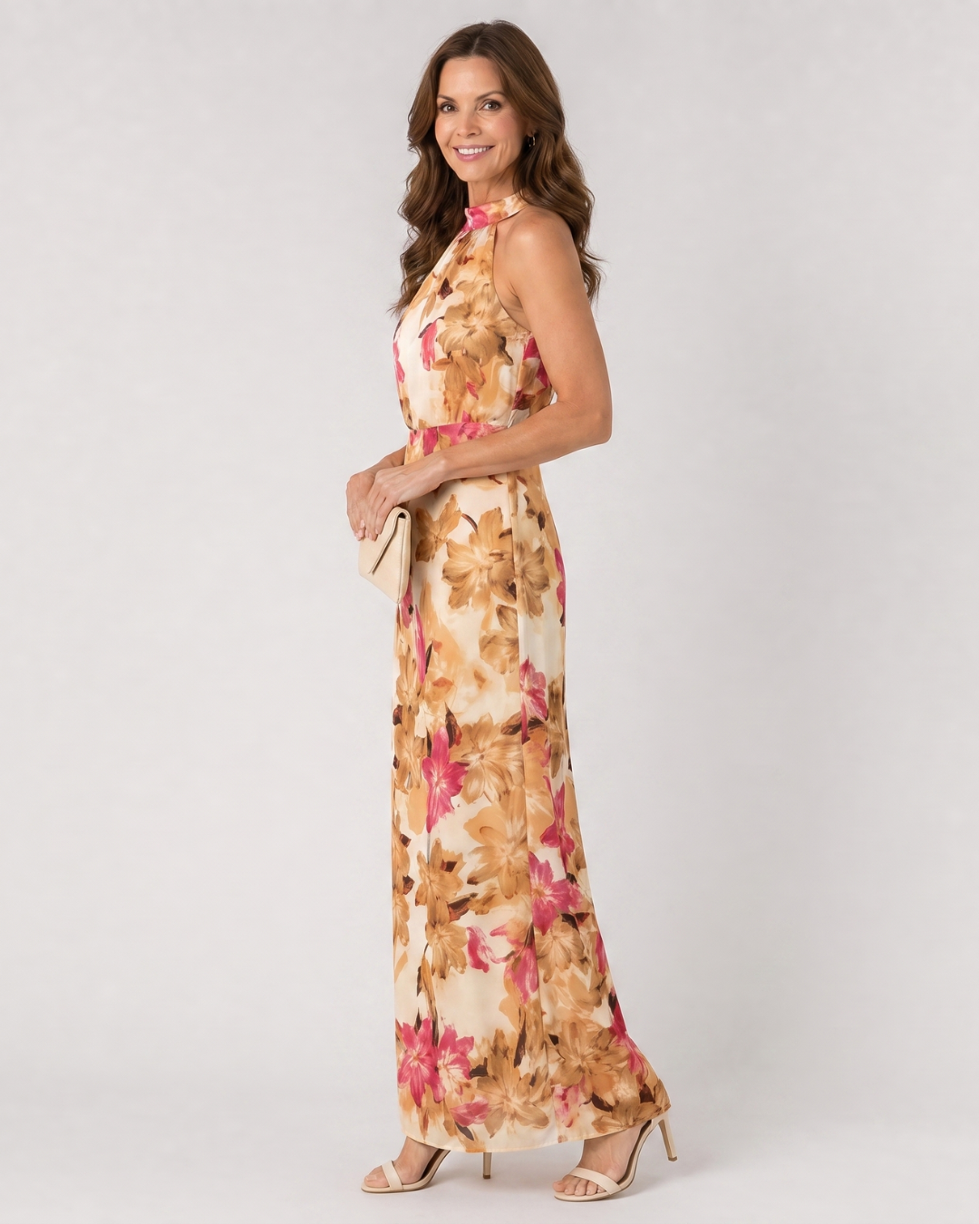 Hilandra | Botanical Print Halter Neck Flowing Midi Dress