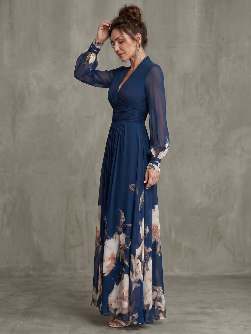 Taliavia | Pleated Sheer Sleeves Maxi Dress