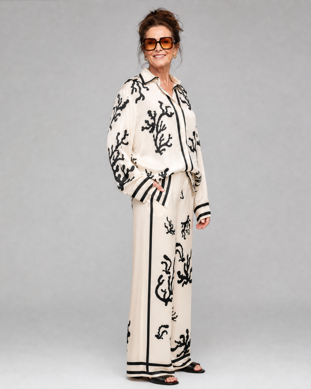 Calbeth | Abstract Coastal Print Shirt And Wide Leg Pants Set